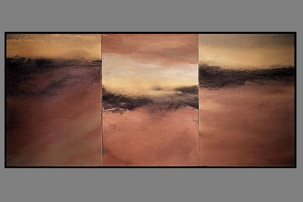 <font color=#bdbdb6 face=Verdana><strong>Dissolve, Triptych</strong><br />
Series of six paintings, Soils from Hanging Valley, Black Mountains, Mid Wales and Valvignieres, Ardeche on canvas<br />
<em>183 x 152cm wide - 2001</em></font>
