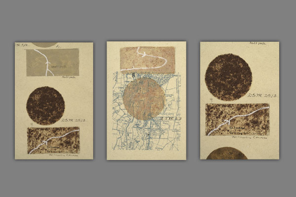 <font color=#bdbdb6 face=Verdana><strong>Ways of Knowing
detail 1 & 2</strong><br />
Detail of Munsel chart notation, soils and silk screen map print, shape of path at the collection point, South Downs chalk pigment. - <em>Each panel 76 x 57cm wide - 2006-07</em></font>
