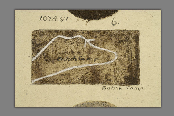 <font color=#bdbdb6 face=Verdana><strong>Ways of Knowing
detail</strong><br />
Silk screen map print, shape of path at the collection point, South Downs chalk pigment. </font>