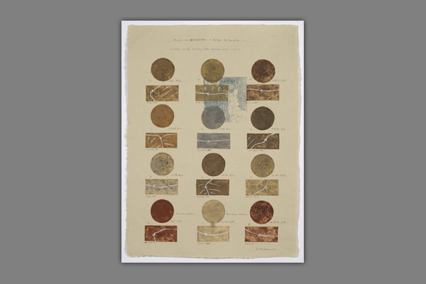 <font color=#bdbdb6 face=Verdana><strong>Munsel Chart Notation</strong><br />
12 soil samples from locations throughout the Abberley and Malvern Hills Geopark<br />

Soils and silk screen print.	-<em> Each panel 76 x 57cm wide - 2006-07</em></font>
